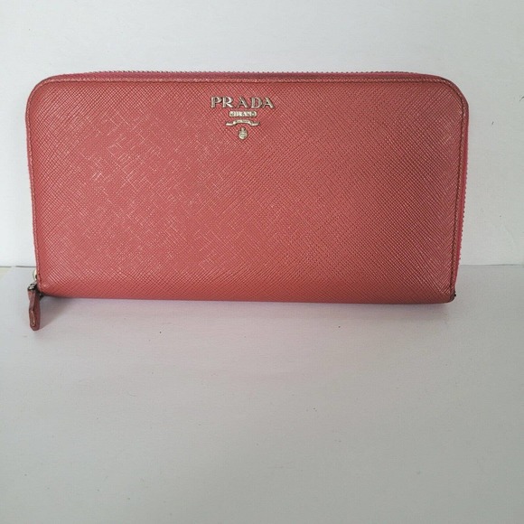 Prada Handbags - PRADA Leather Solid Pink Logo Wallet Large Zip Around Continental Authentic